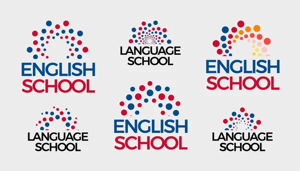 Conjunto de logotipo da escola de inglês, bolhas abstratas coleção de logotipos redondos. Pontos sol, nascer do sol, símbolo do conhecimento para o modelo de logotipo estilo moderno e moderno, educação e símbolo de aprendizagem. Identidade vetorial —  Vetores de Stock