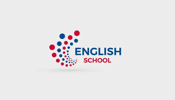 Conceito de logotipo da escola inglesa. Bolhas abstratas dots logotipo para a educação, aprendizagem da língua inglesa, curso de estudo, trabalho de ensino virtual, treinamento, comunicação e falar clube, design de símbolo vetorial —  Vetores de Stock