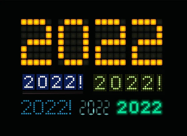 Ευτυχισμένο το νέο έτος 2022 κείμενο οδήγησε φως σετ σχεδιασμού. 20 22 λαμπερό αριθμούς στην ψηφιακή οθόνη ηλεκτρικό πίνακα αποτελεσμάτων οθόνη για Χριστούγεννα εορταστικό branding, το νέο έτος banner, hud, 2022 ημερολογιακό κάλυμμα, ευχετήρια κάρτα — Διανυσματικό Αρχείο