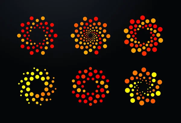 Logotipo de puntos de burbujas conjunto, plantilla de logotipos redondos espiral naranja. Huracán abstracto, vórtice, sol, signo de rueda caliente, icono de conexión de red, virus, símbolo de flores. Logotipo de vector de tecnología y ciencia — Archivo Imágenes Vectoriales