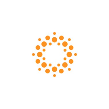 Soyut nokta yuvarlak logo. Bağlantı işareti. Virüs simgesi. Turuncu güneş. Havai fişek amblemi. Güneş sembolü. Çiçek. Tıbbi yenilik teknolojisi ve bilim araştırması. Vektör çemberi logosu kavramı