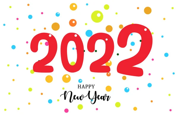 Happy New Year 2022 numbers greeting card in cartoon style with multicolored fireworks of colored balls, color balloons, bubbles, childrens cheerful mood of winter holiday, vector illustration. — Stock Vector