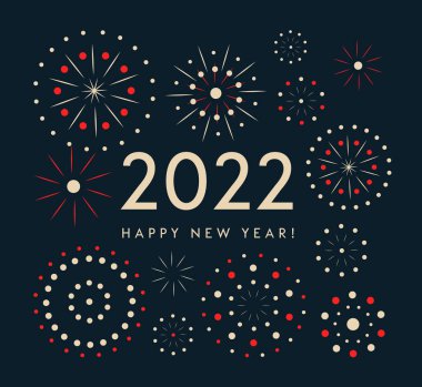 Havai fişekler Mutlu 2022 yılbaşı afişleri mevsimlik tatil ilanları, selamlar ve davetiyeler, noel tebrik ve kartlar. Vektör illüstrasyonu