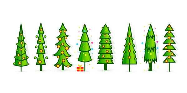 Ícones de vetor de árvore de Natal conjunto, ícone de pinho de ano novo com bolas decoradas. Ilustração vetorial — Vetor de Stock