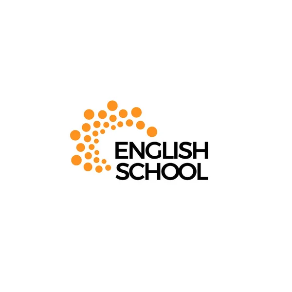 Concepto de logotipo de English School. Logotipo de puntos de burbujas abstractas para la educación, el aprendizaje del idioma inglés, el curso de estudio, el trabajo de enseñanza virtual, la formación, la comunicación y el club de habla, el diseño de símbolos vectoriales — Vector de stock