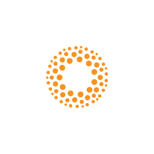 Modello arancio astratto logo rotondo, mezzitoni puntini arte logotipo creativo. Icona solare calda e calda, tecnologia innovativa e simbolo educativo. Spa, solare abbronzatura e shampoo vettoriale emblema — Vettoriale Stock