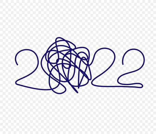 Frohes Neues Jahr 2022 Federstrich-Design, chaotische Doodle Marker Weihnachtscover, gebogene Pinsel kritzeln Neujahrszahlen, Fadenknoten Zahlen für Grußkarte. Vektorillustration — Stockvektor