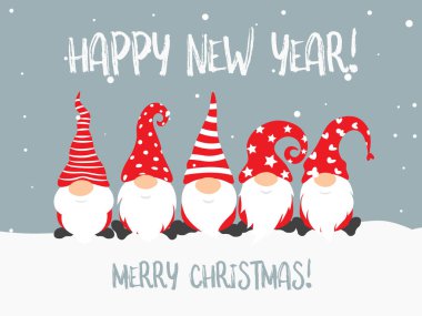 Happy New Year 2022 and merry christmass poster design with gnomes, christmass characters for decoration of xmas holidays, new year banner, calendar cover, greeting card. Vector illustration clipart
