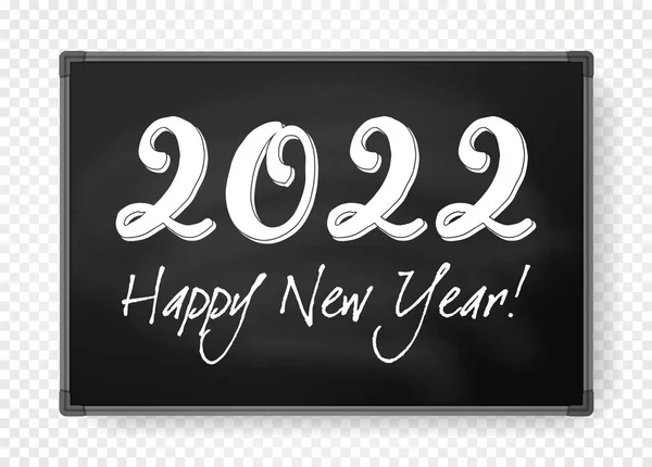 Happy New Year 2022 chalk on black school chalkboard, new year numbers on school classroom board, note board, noticeboard text for new year banner poster billboard, calendar cover, christmas card — Stock Vector