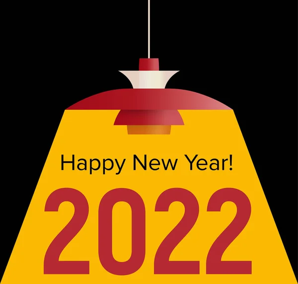 Feliz Año Nuevo 2022 texto iluminado por la luz amarilla de la lámpara sueca. Celebración y decoración de temporada para las fiestas de Navidad de marca, banner de año nuevo, cubierta del calendario 2022, tarjeta de felicitación y póster — Archivo Imágenes Vectoriales