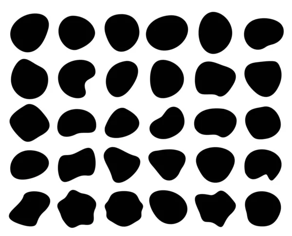 Bloobs schwarzes Formenset, zufällige abstrakte Flecken, schwarze Blasensilhouette, unregelmäßige Sammlung flüssiger Formen, Tuschewellenflüssigkeit, Kunstfleck für den Hintergrund, komische Sprechblase, Vektorillustration — Stockvektor