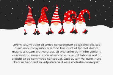 Happy New Year 2022 poster design with gnomes, christmass characters for decoration of xmas holidays, new year wide horizontal banner with text. Vector illustration clipart