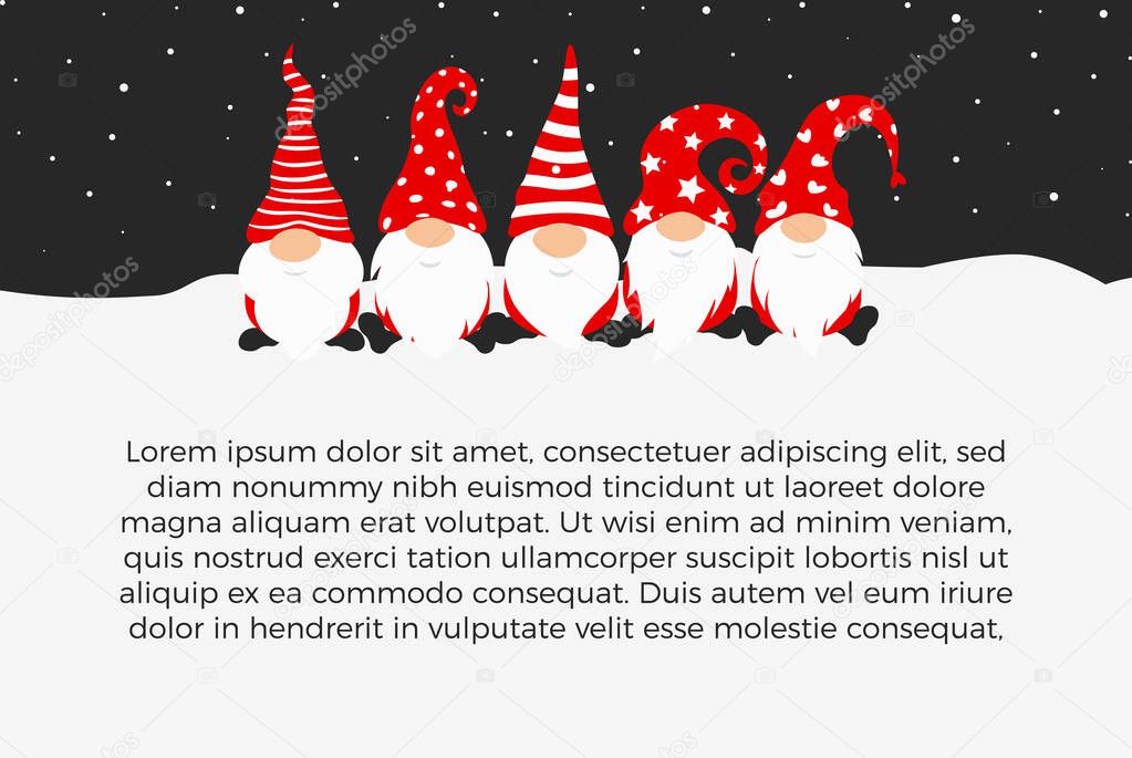 Happy New Year 2022 poster design with gnomes, christmass characters for decoration of xmas holidays, new year wide horizontal banner with text. Vector illustration.