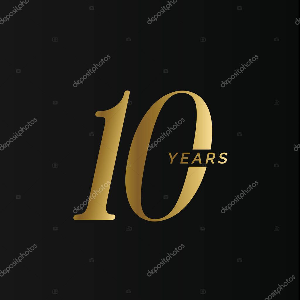 Anniversary company logo, 1 year, ten gold number, wedding anniversary, memorial date symbol set, golden year collection. Birthday symbol, age jubilee, congratulations badge, greeting emblem.