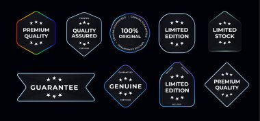 Premium Quality And Guarantee Badges Collection With Modern Neon Outlined Labels For Limited Edition, Genuine, And Certified Products. Black Friday Cyber Monday Marketing Design. Vector Illustration. 