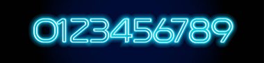 Neon numbers 0,1,2,3,4,5,6,7,8,9. Glowing blue tube digits for cyber monday sale discount price offer promo, techno displays, nightlife, countdowns, timer, poster, banner, web. Vector illustration