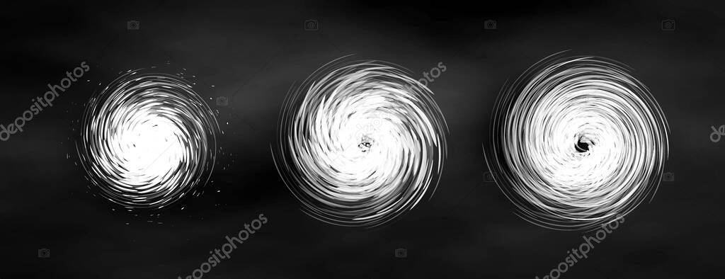 Vortex spiral swirl set, hurricane typhoon storm icons. Abstract circular energy motion. Space galaxy black hole concept. Weather news graphic design. Vector illustration