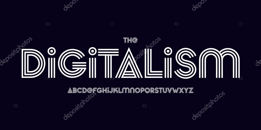 Retro disco logo font, striped vintage alphabet. Bold geometric typeface for music headline, synthwave poster, nightclub branding, 80s stream design, neon dance party flyer. Vector typography