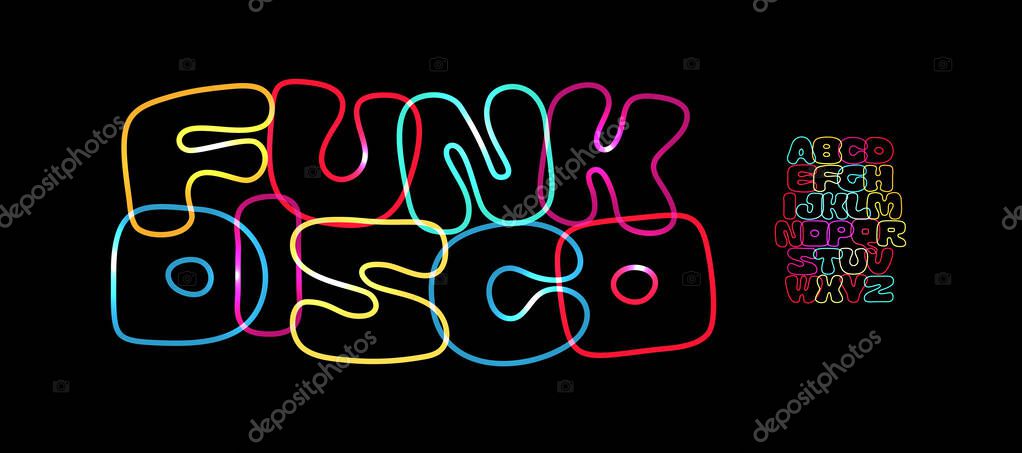 Rounded Squared Font Heavy Linear Alphabet Bold Outline Typeset Colorful Playful Letters for Funky Disco Logo Headline, Kids Birthday, Unusual Color Typographic Design. Vector Typeset.