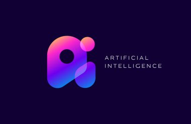 AI logo simgesi işareti. Web, uygulama ve araç için yapay zeka düğmesi. Koyu mavi arkaplan üzerine parlak renk logoti şablonu kapla. Vektör İllüstrasyonu.