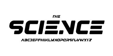 Bilim teknolojisi yazı tipi, bilimsel başlık için fütüristik alfabe, tıbbi dijital ürün logosu, ekran aygıtı tipografisi, uygulama UI tipografik tasarımı. Modern vektör tipi. 