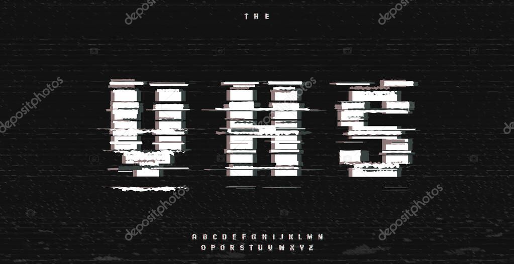 VCR VHS font logo alphabet glitch effect typography on grunge rough pixel pattern, analogue screen background. Bitmap old display alphabet. Digital bad signal noise headline logotype. Vector typeset.