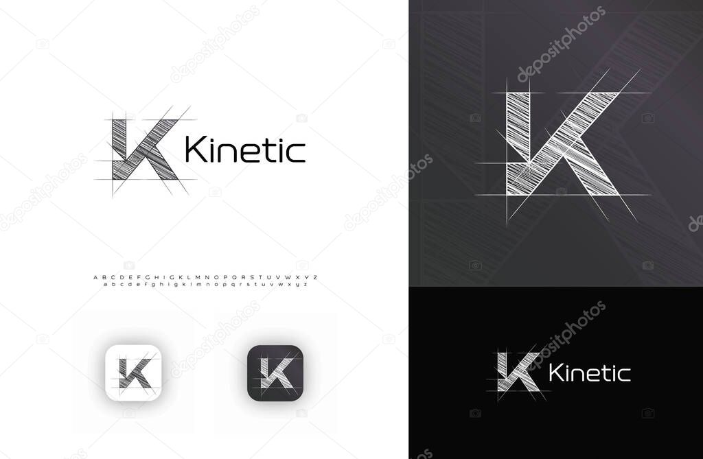 Blueprint Architect Logo, Technical Sketch Architectural LogoType, Crosshatch Grid Letter K. Building Construct Company Monogram, Real Estate, Architect Engineer Branding. Vector Logos Alphabet Font.