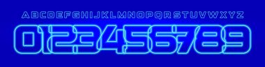 Mavi Neon Numarası Logo Tipografi Vektör Tasarım Yazı Tipi, Soyut Yıldönümü Parlayan Işık Efekti İşaretleri, 0,1,2,3,4,5,8,9 Simge Çizgi Çizgisi Çizgisel Alfabesi. Vektör Karakteri.