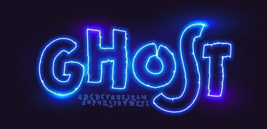 Ghost Font Logo Alphabet Vector Neon Glow Letters Set Modern Typography, Blue Light Typographic Design for Title Text, Typo Poster Headline, Type Symbol Logotype, Sans Serif Fonts. Vector Typeface.