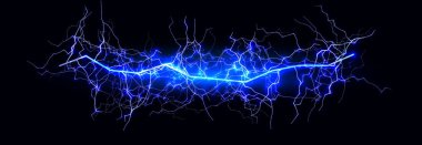 Şimşek fırtınası, Neon etkisi enerji hattı arka planı. Kıvılcım Parıltısı Siyah Mavi Şarj. Gerçekçi Sihirli Şok Cıvatası Mavi Parlak Parlak. Yıldırım Fırtınası Yıldırımı. Vektör illüstrasyonu