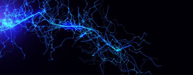 Şimşek Yıldırımı Kara Gece Arkaplanı, Mavi Parlak Işık Yıldırımı. Gerçekçi Kıvılcım Işığı Patlaması, Elektrik Şoku Akıntısı. Enerji Şarj Hattı. Vektör İllüstrasyonu