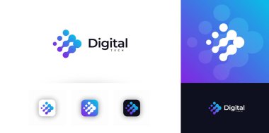 Dijital teknoloji logosu, soyut gradyan noktaları, IT şirketlerinin markalaşması için modern uygulama simgesi, başlangıç, yazılım, web sitesi. Dijital markalar için teknik logolar. Vektör illüstrasyonu.