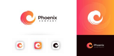 Phoenix yangın logosu soyut eğimli girdap. Modern markalaşma, teknoloji şirketi, yaratıcı iş kimliği, uygulama ikonu, sosyal medya, baskı şablonu. Phoenix logoları konsepti. Vektör illüstrasyonu.