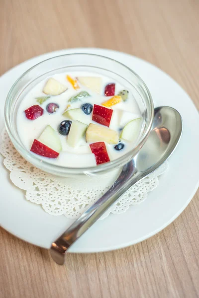 Fruit salad with soy milk — Stock Photo, Image