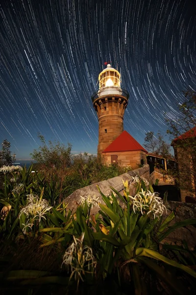 Starry night with Light house — Stock Photo, Image