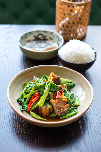 Crispy pork belly with Chinese brocolli