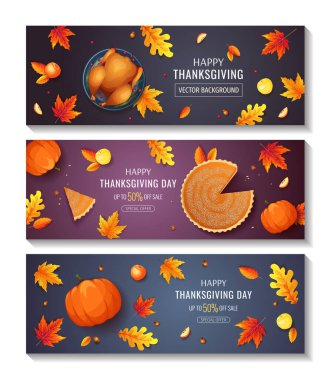 Kabak turtası, hindi ve sonbahar yapraklı şükran günü kartları.. 