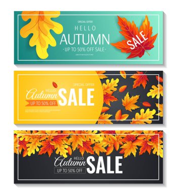 Turuncu ağaç yapraklı sonbahar indirimi afişleri.