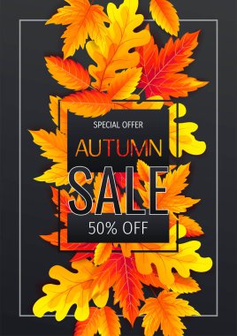 Siyah arka planda akçaağaç yaprakları olan sonbahar indirimi. vektör illüstrasyonu