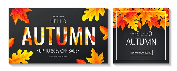 Ensemble Cartes Vente Automne Avec Des Feuilles Érable Sur Fond — Image vectorielle