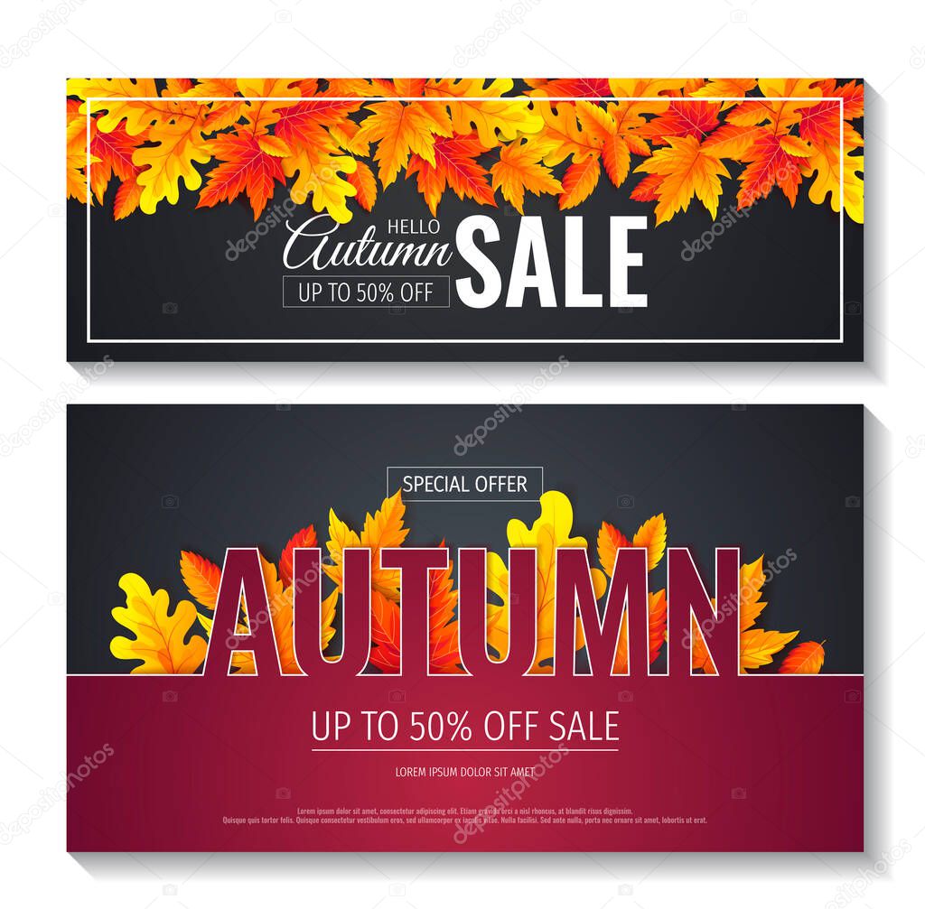 set of autumn sale cards with maple leaves on black background. vector illustration