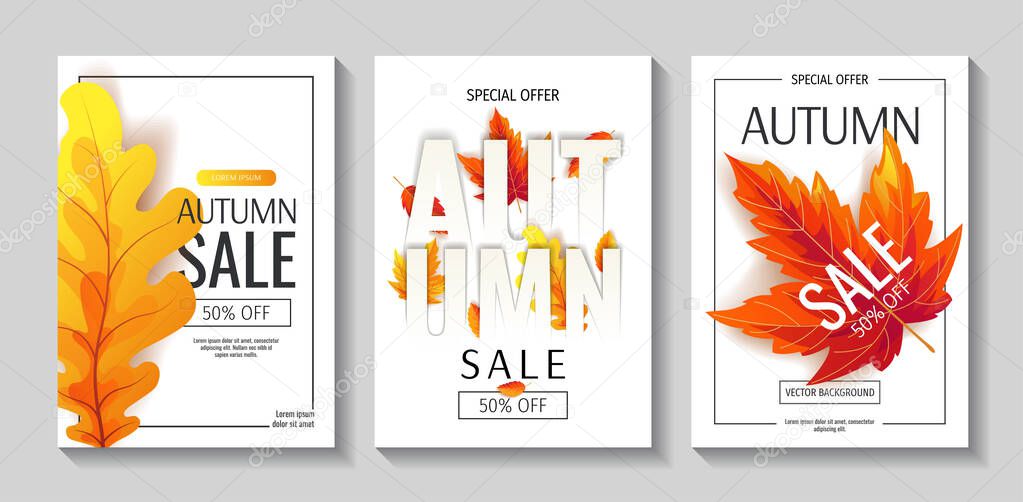 set of autumn sale banners with maple leaves on white background. vector illustration