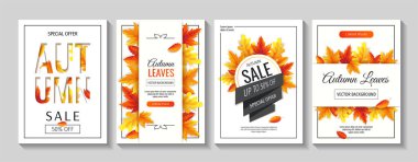 Beyaz arka planda akçaağaç yapraklı sonbahar indirimi afişleri. vektör illüstrasyonu