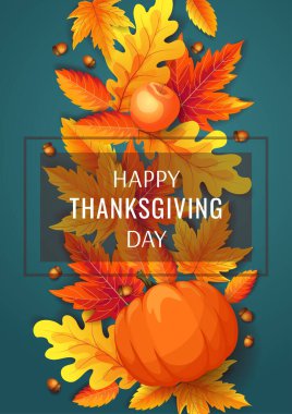 Sonbahar Şükran Günü tebrik kartı. İçinde portakal ağacı yaprakları ve balkabağı var.