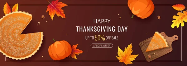 Thanksgiving Kaart Met Pompoentaart Herfst Bladeren Vector Illustratie Thanksgiving Day — Stockvector