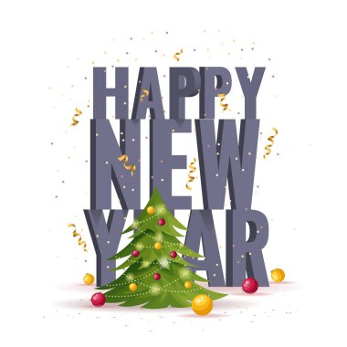 Karikatürlü tebrik kartı mutlu yeni yıl kelimeleri ve Noel ağacı, tatil konsepti 