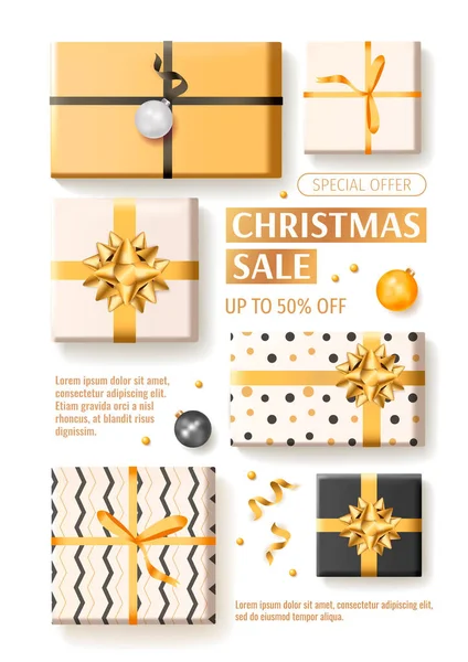 Christmas Sale Banner Gifts Boxes Decorations Holiday Concept — Stock Vector