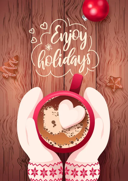 Weihnachtskarte Mit Händen Fäustlingen Die Heiße Tasse Kaffee Halten Urlaubskonzept — Stockvektor