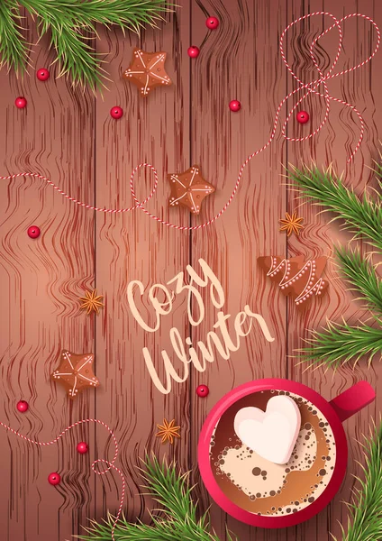 Carte Noël Avec Branches Arbre Tasse Café Chaud Avec Biscuits — Image vectorielle