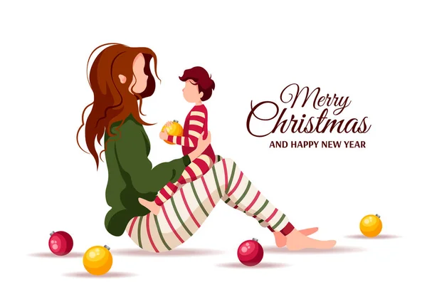 Tarjeta Regalo Felicitación Navidad Con Familia Feliz Pijama — Vector de stock